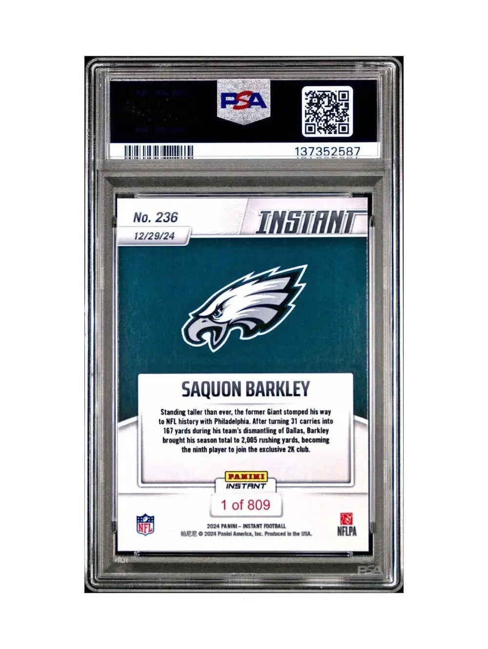 Saquon Barkley 2024 Panini Milestone NFL #236 Eagles 1 of 809 PSA 10 Gem Mint